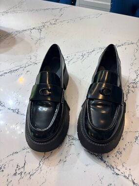 Coach Black Patent Leather Platform Loafers with Logo Strap